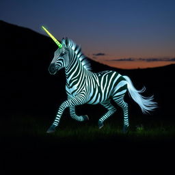 A hybrid zebra-unicorn, featuring a majestic combination of a striped zebra's body and a glowing, radiant unicorn horn, gallops gracefully across a shadowy meadow