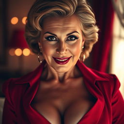 A stunning and seductive woman in her 60s, boldly facing the camera with a provocative and flirtatious expression