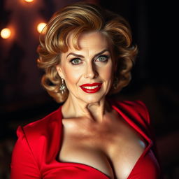 A stunning and seductive woman in her 60s, boldly facing the camera with a provocative and flirtatious expression