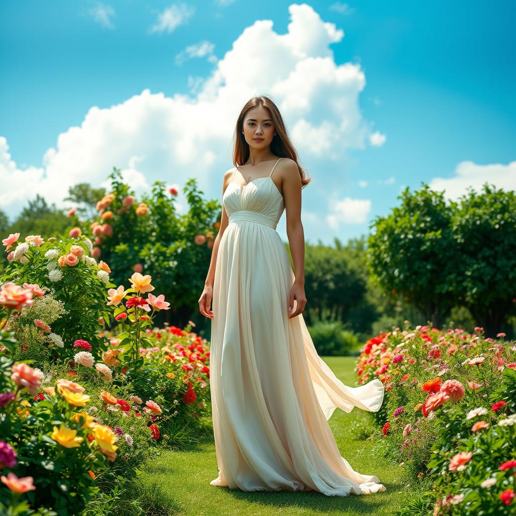 A seamless blend of two distinct images, featuring an elegant woman in a flowing dress standing in a vibrant, lush garden filled with blooming flowers and greenery