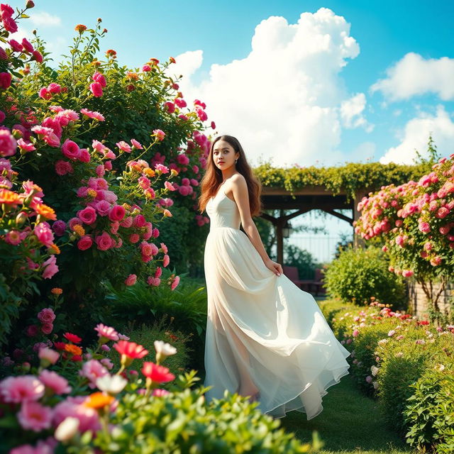 A seamless blend of two distinct images, featuring an elegant woman in a flowing dress standing in a vibrant, lush garden filled with blooming flowers and greenery