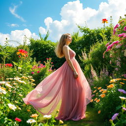 A seamless blend of two distinct images, featuring an elegant woman in a flowing dress standing in a vibrant, lush garden filled with blooming flowers and greenery