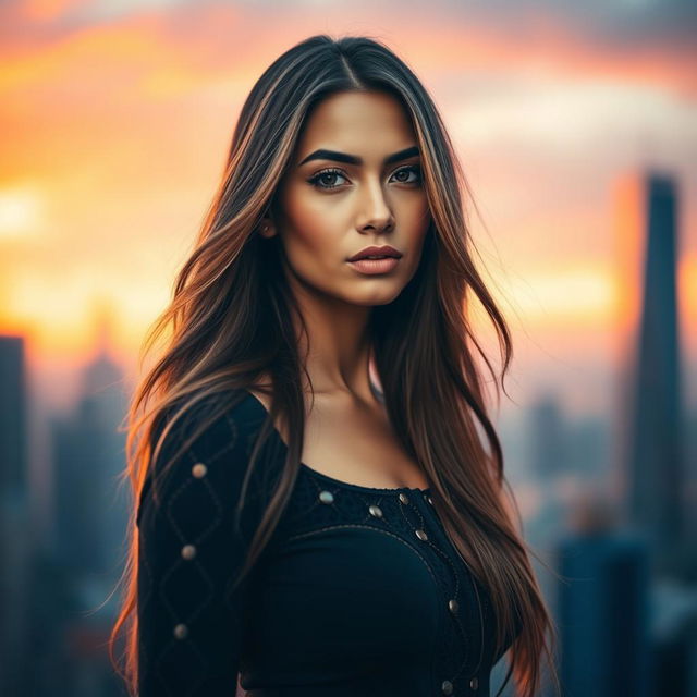 A striking portrait of a confident woman standing against a vibrant cityscape during sunset, with warm tones illuminating her face