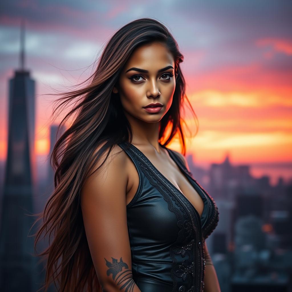 A striking portrait of a confident woman standing against a vibrant cityscape during sunset, with warm tones illuminating her face