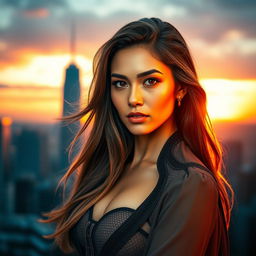 A striking portrait of a confident woman standing against a vibrant cityscape during sunset, with warm tones illuminating her face