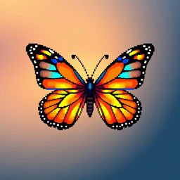 A beautifully detailed pixel art butterfly, featuring vibrant colors such as blue, orange, and yellow