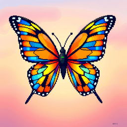 A beautifully detailed pixel art butterfly, featuring vibrant colors such as blue, orange, and yellow