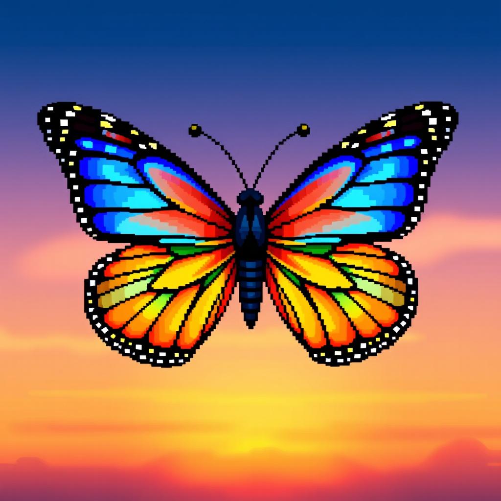 A beautifully detailed pixel art butterfly, featuring vibrant colors such as blue, orange, and yellow