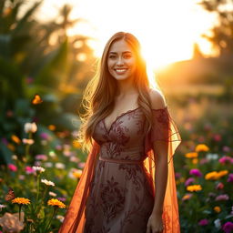 A stunning portrait of a confident, elegant woman standing gracefully in a lush garden