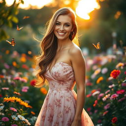 A stunning portrait of a confident, elegant woman standing gracefully in a lush garden