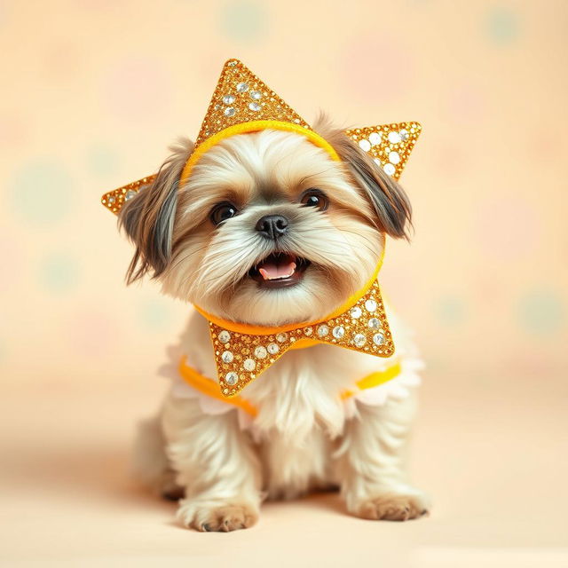 A cute Shi Tzu dog wearing a bright, glittering star costume, sitting playfully against a soft, blurred pastel background