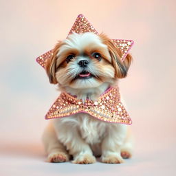 A cute Shi Tzu dog wearing a bright, glittering star costume, sitting playfully against a soft, blurred pastel background