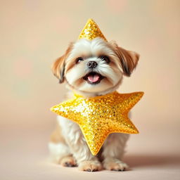 A cute Shi Tzu dog wearing a bright, glittering star costume, sitting playfully against a soft, blurred pastel background
