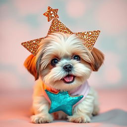 A cute Shi Tzu dog wearing a bright, glittering star costume, sitting playfully against a soft, blurred pastel background