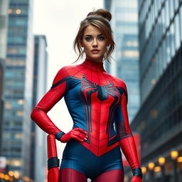 A woman dressed in a Spider-Man costume, showcasing the vibrant red and blue colors with the iconic web pattern