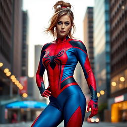 A woman dressed in a Spider-Man costume, showcasing the vibrant red and blue colors with the iconic web pattern