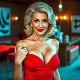 A beautiful and confident woman in her 60s, facing the camera with a flirtatious and provocative expression