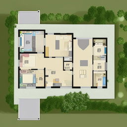 Generate a flat design of a home fitting into a 30ft by 60ft area, with the rooms along the shorter, 30ft side.