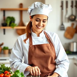 A woman wearing a stylish chef's outfit, complete with a white chef's coat and a stylish apron