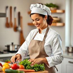 A woman wearing a stylish chef's outfit, complete with a white chef's coat and a stylish apron