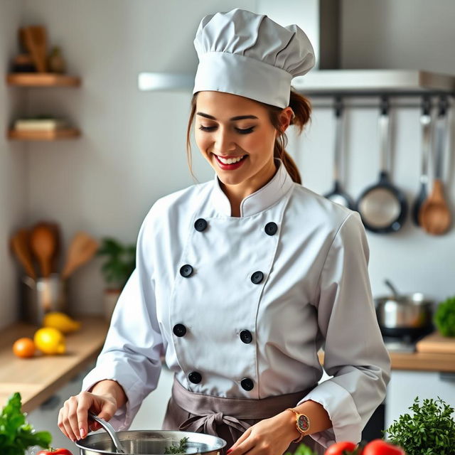 A woman wearing a stylish chef's outfit, complete with a white chef's coat and a stylish apron