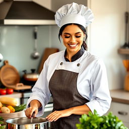 A woman wearing a stylish chef's outfit, complete with a white chef's coat and a stylish apron