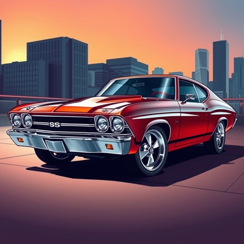 A detailed illustration of a Chevrolet Chevelle, showcasing its sleek and muscular design with sharp lines and a vibrant color scheme