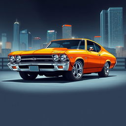 A detailed illustration of a Chevrolet Chevelle, showcasing its sleek and muscular design with sharp lines and a vibrant color scheme