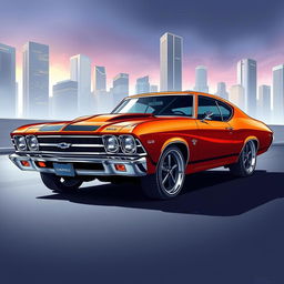 A detailed illustration of a Chevrolet Chevelle, showcasing its sleek and muscular design with sharp lines and a vibrant color scheme