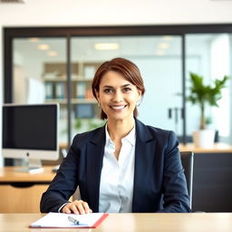 An official portrait photograph of a professional adult woman at her desk in a modern office setting