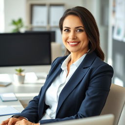 An official portrait photograph of a professional adult woman at her desk in a modern office setting