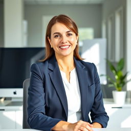 An official portrait photograph of a professional adult woman at her desk in a modern office setting