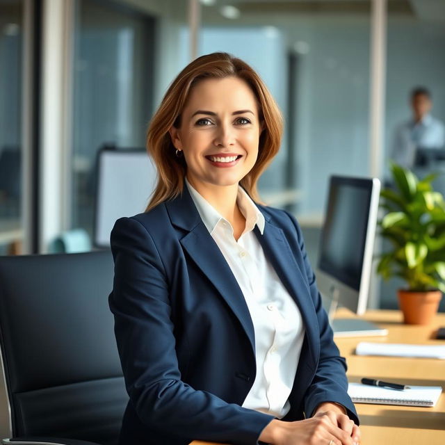 An official portrait photograph of a professional adult woman at her desk in a modern office setting