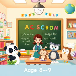 A vibrant and playful illustration featuring a whimsical classroom setting designed for children ages 8-9