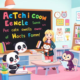 A vibrant and playful illustration featuring a whimsical classroom setting designed for children ages 8-9