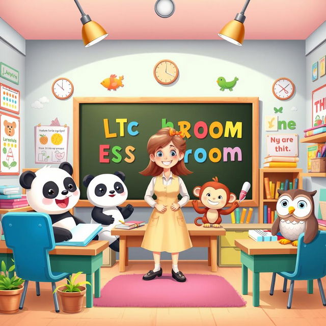 A vibrant and playful illustration featuring a whimsical classroom setting designed for children ages 8-9