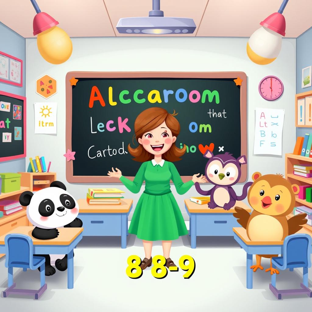 A vibrant and playful illustration featuring a whimsical classroom setting designed for children ages 8-9