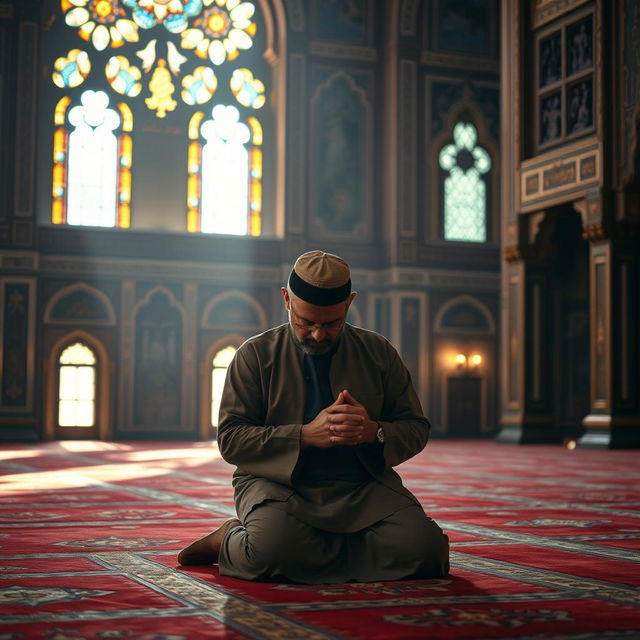 A man in the middle of prayer, wearing traditional clothing, focused and serene expression on his face