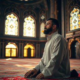 A man in the middle of prayer, wearing traditional clothing, focused and serene expression on his face