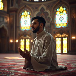 A man in the middle of prayer, wearing traditional clothing, focused and serene expression on his face