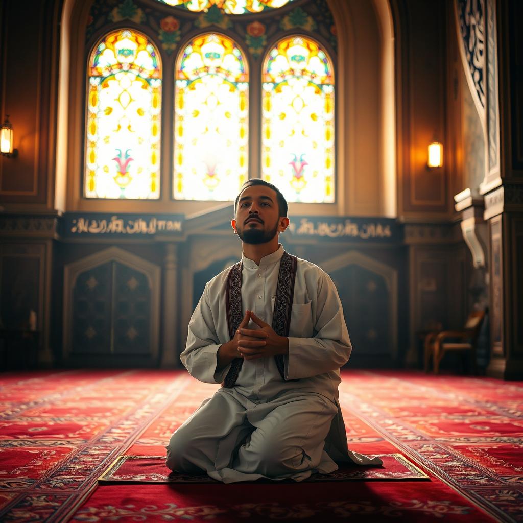 A man in the middle of prayer, wearing traditional clothing, focused and serene expression on his face