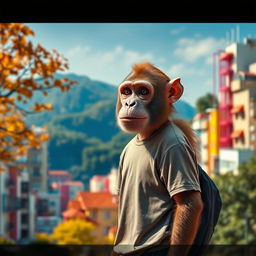 A surreal and humorous portrayal of a human figure with a monkey's face, standing on the left side of the image