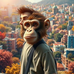 A surreal and humorous portrayal of a human figure with a monkey's face, standing on the left side of the image
