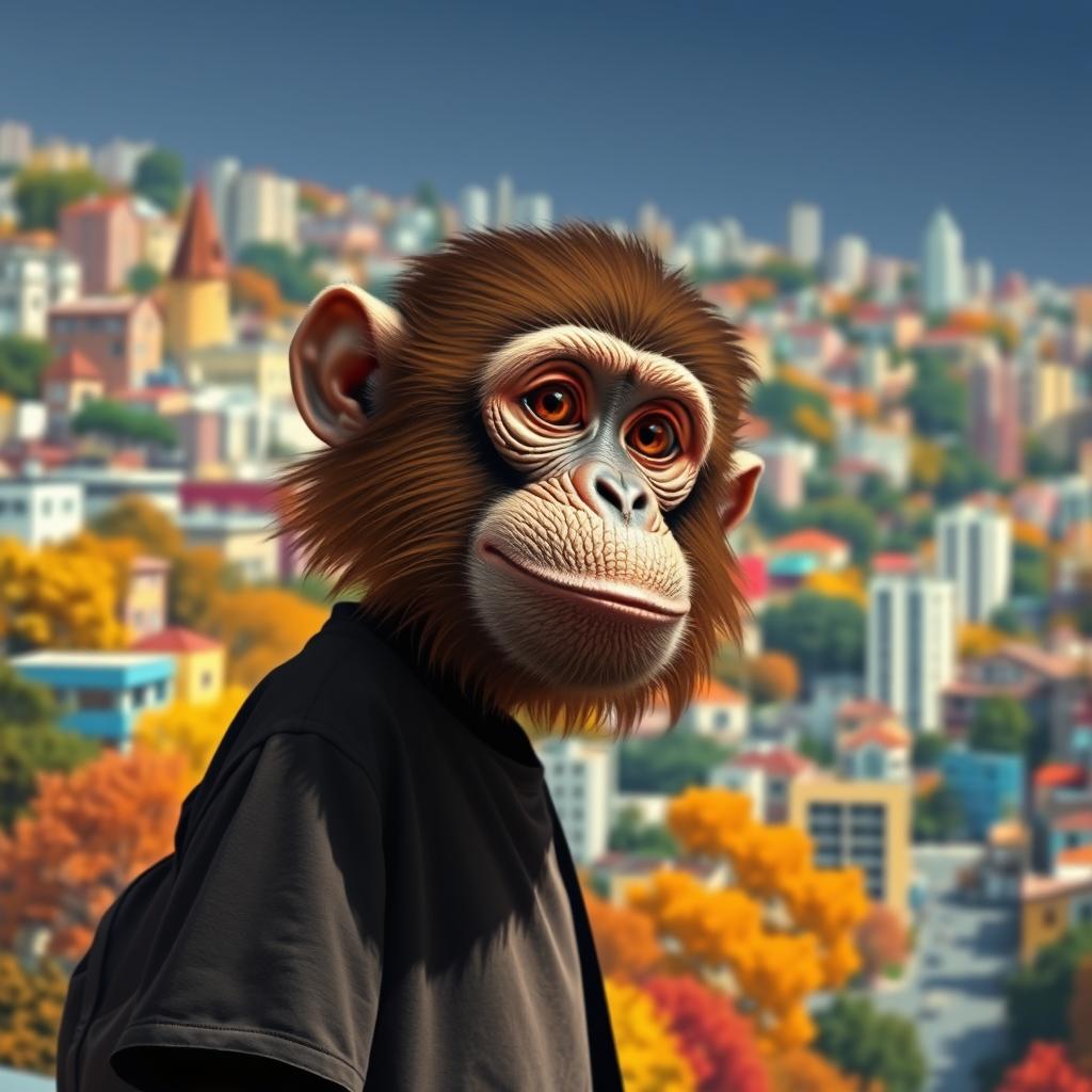 A surreal and humorous portrayal of a human figure with a monkey's face, standing on the left side of the image