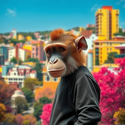 A surreal and humorous portrayal of a human figure with a monkey's face, standing on the left side of the image