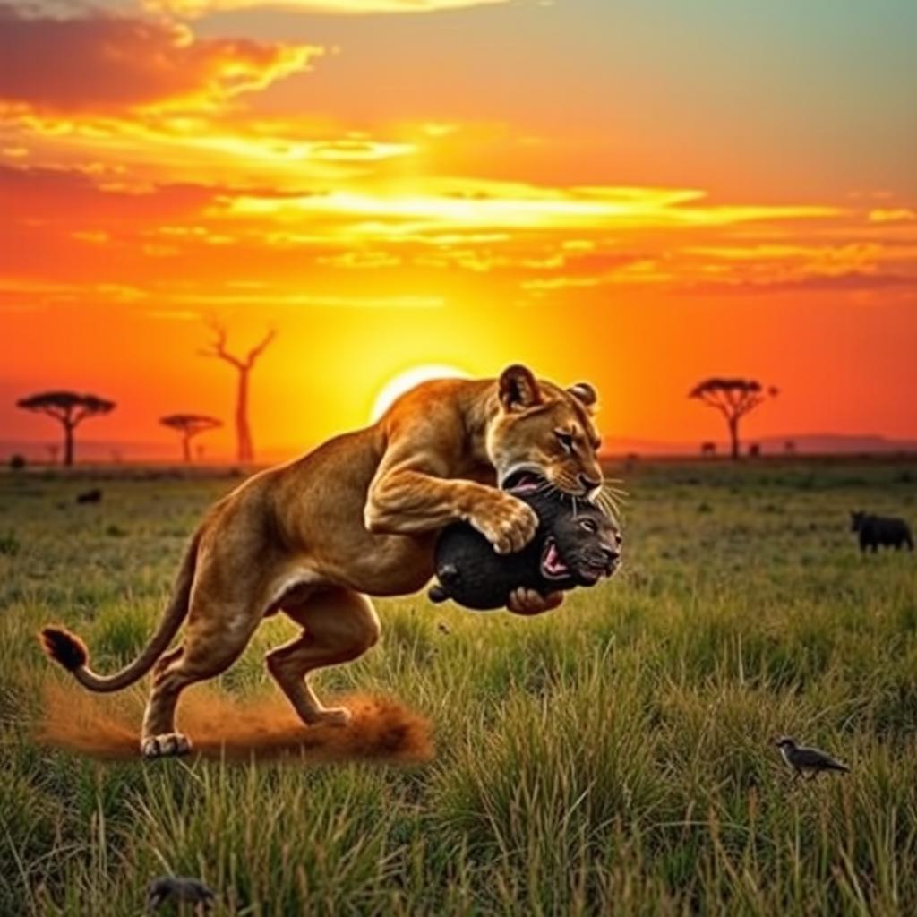 A dramatic and surreal scene of a lioness capturing prey in a vibrant savannah landscape