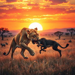 A dramatic and surreal scene of a lioness capturing prey in a vibrant savannah landscape