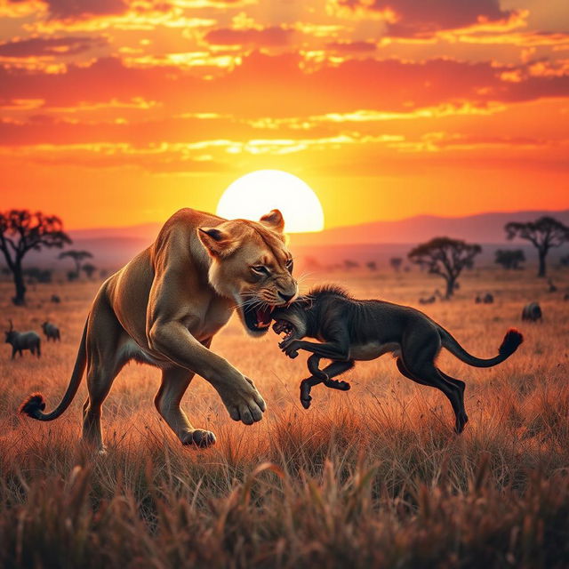 A dramatic and surreal scene of a lioness capturing prey in a vibrant savannah landscape