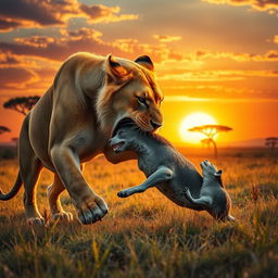 A dramatic and surreal scene of a lioness capturing prey in a vibrant savannah landscape