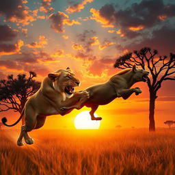 A dramatic and surreal scene of a lioness capturing prey in a vibrant savannah landscape